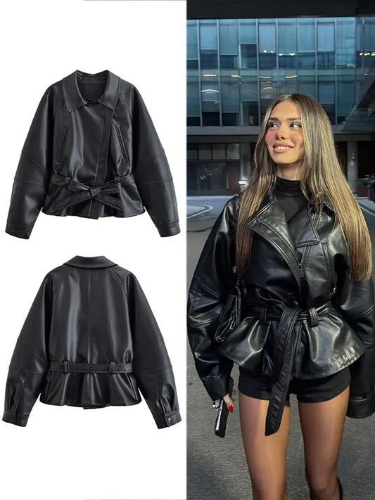 Black Faux Leather Vintage Trench Coat for Women