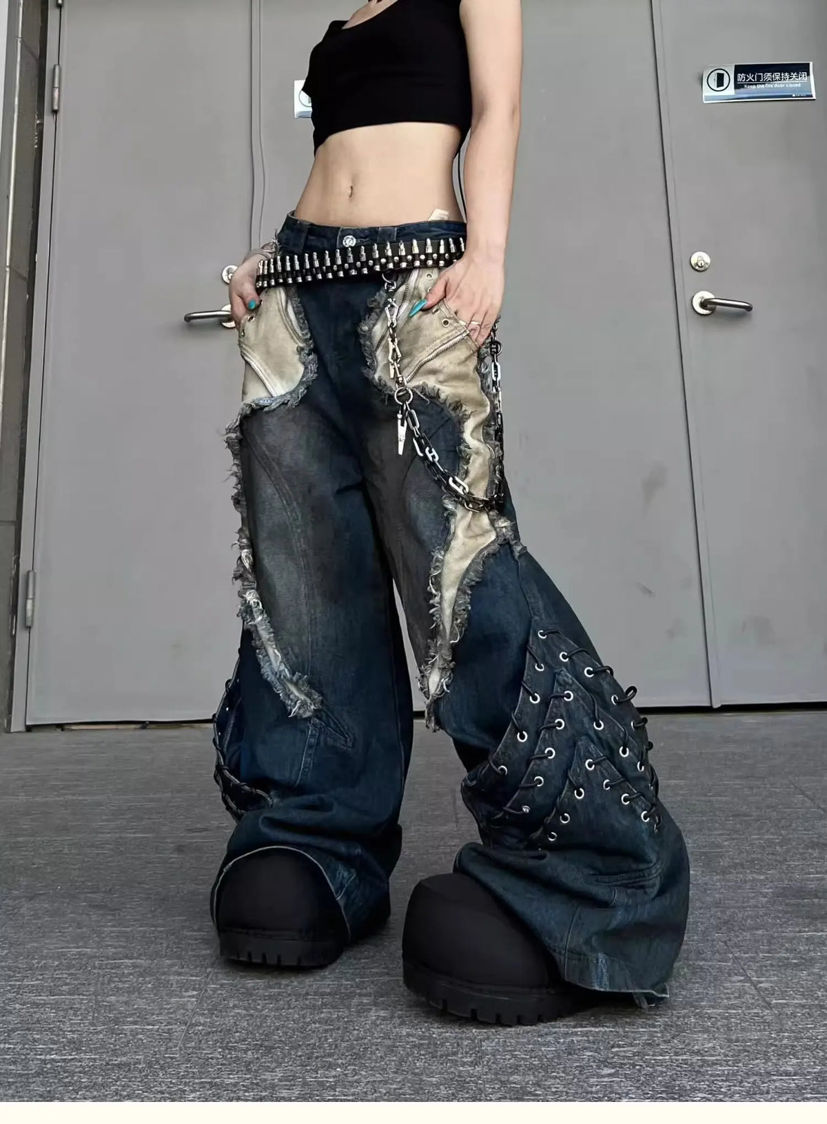 Vintage Distressed Wide Leg Cargo Jeans for Women