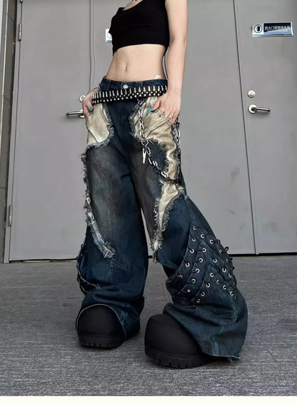 Vintage Distressed Wide Leg Cargo Jeans for Women