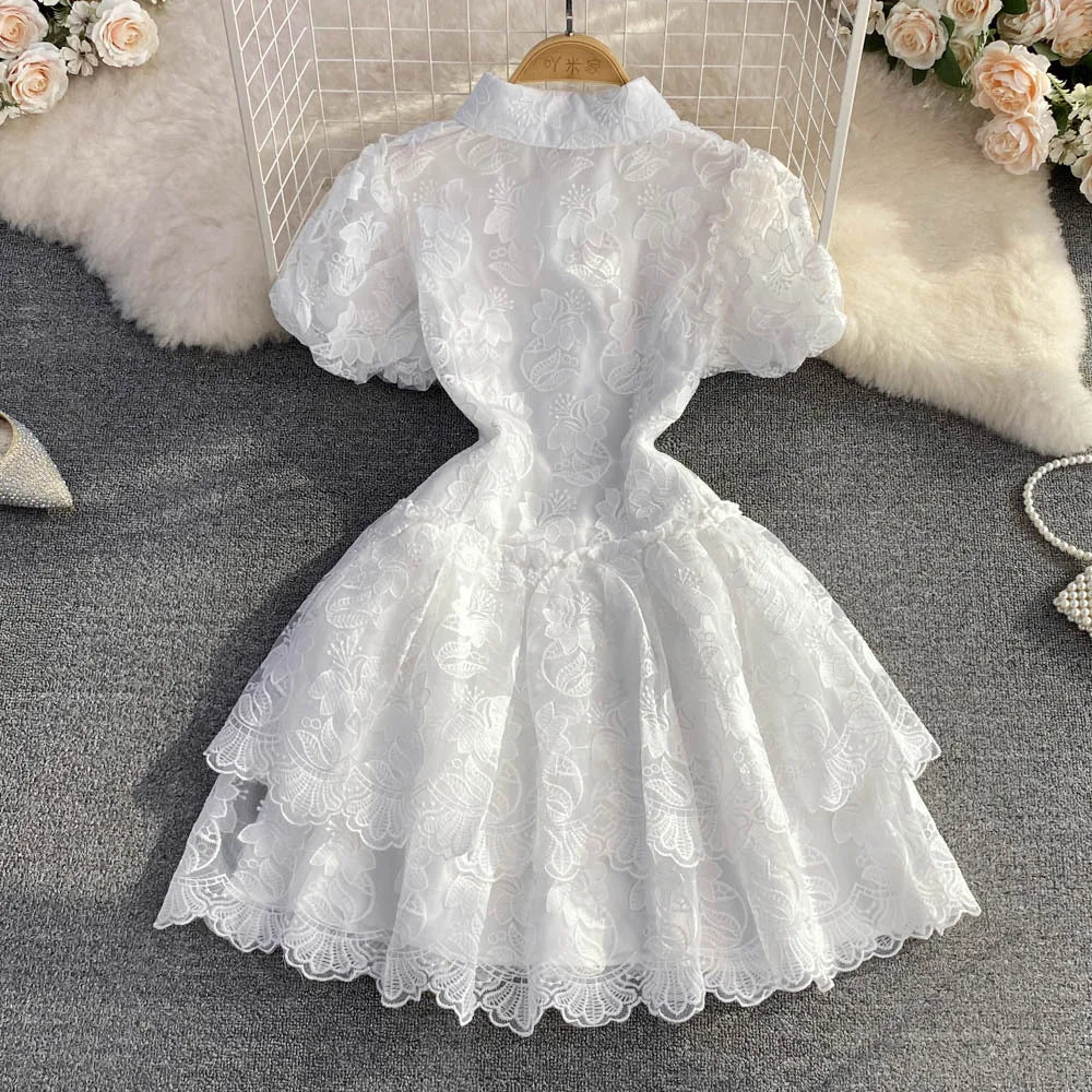 Women Vintage Lace Mini Dress with Puff Sleeves