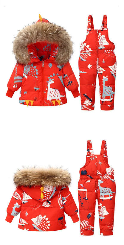 Children's Hooded Parka Down Jacket with Dinosaur Design