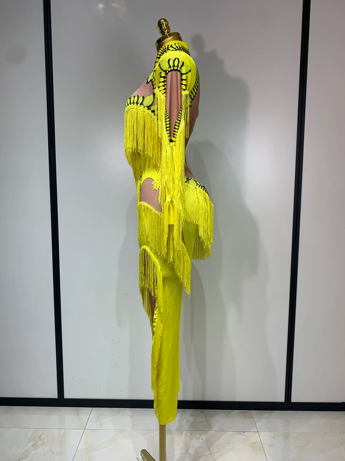 Yellow Polyester Bodycon Jumpsuit with Tassels