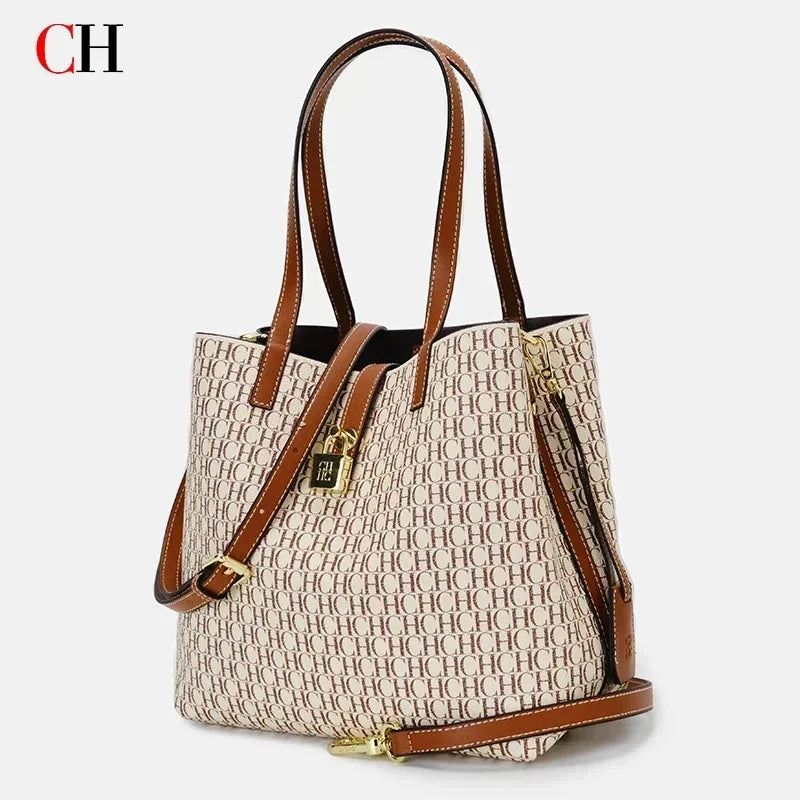 CH Women Monogram Print Shoulder Bag Large Capacity