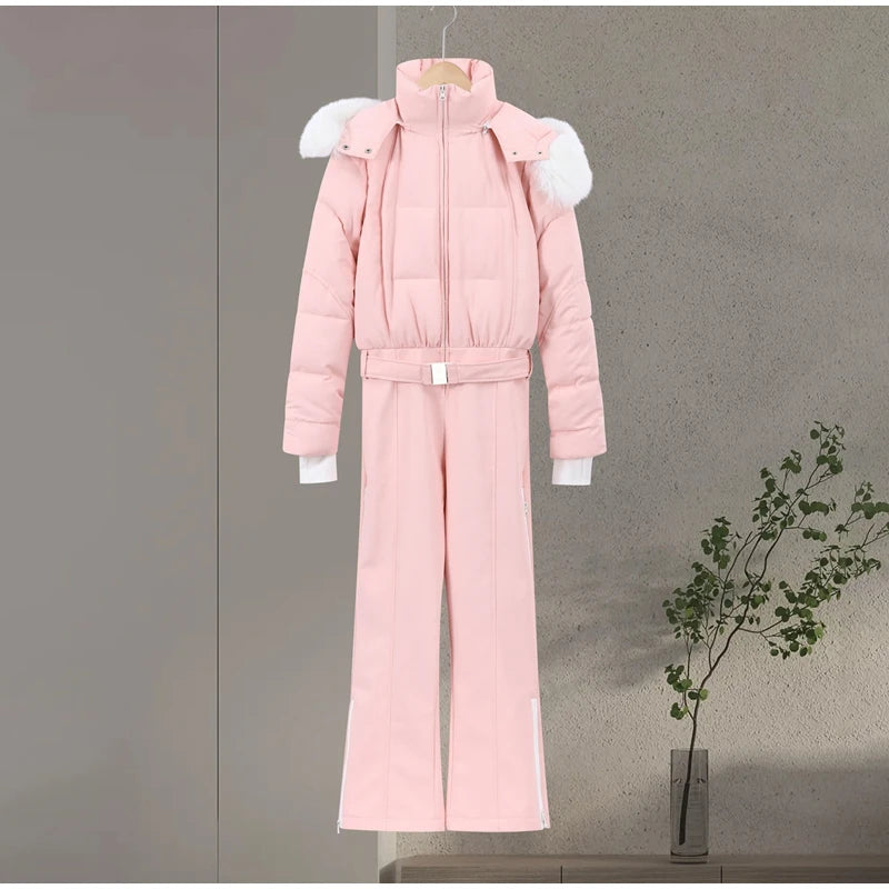 Hooded One-Piece Ski Jumpsuit for Women Windproof Outwear