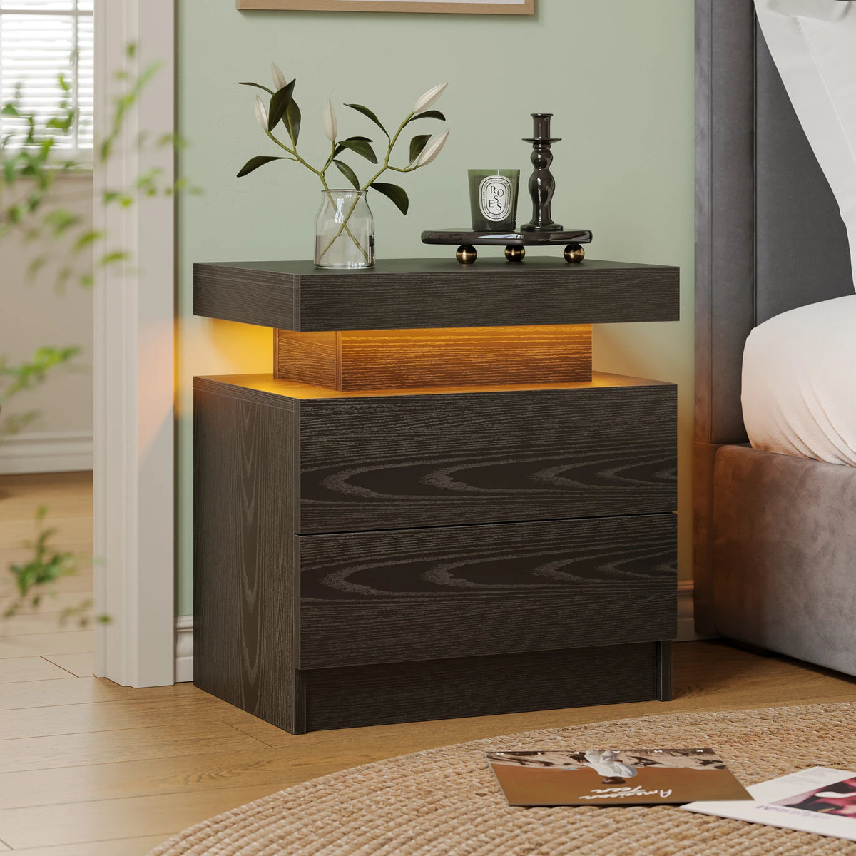 Cubehom White LED Nightstand with 2 Drawers