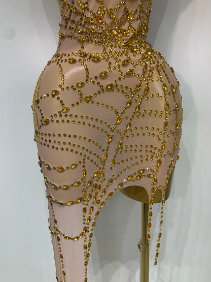 Black Mesh Crystal Diamond Bodycon Dress for Women