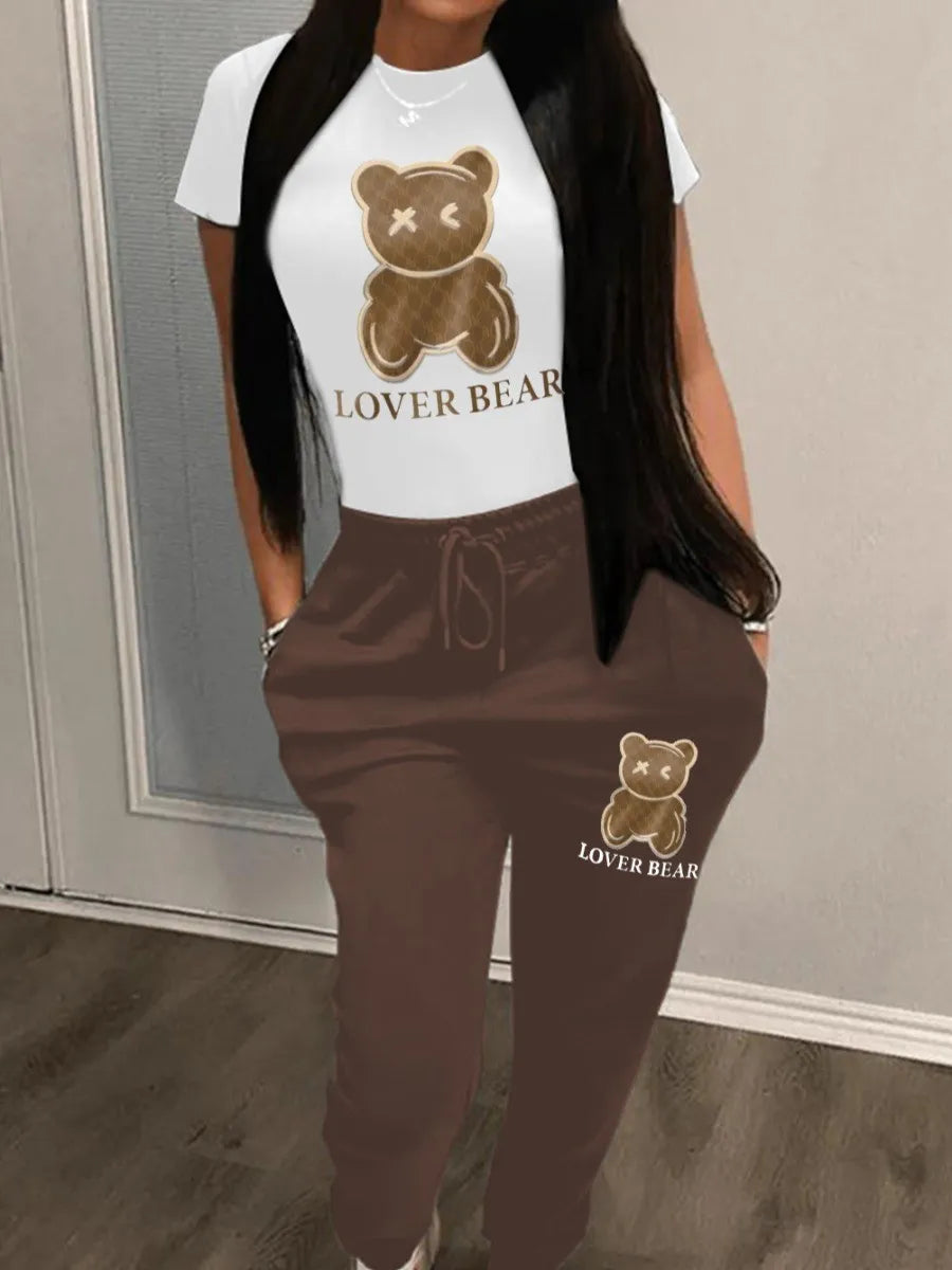 Plus Size Cartoon Bear Print Hooded Sweater Set