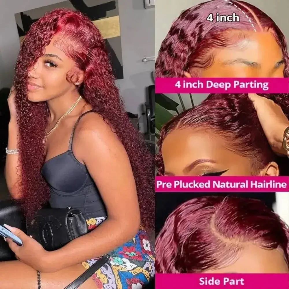 HD Transparent Lace 200 Density Deep Wave Wig 99j Burgundy