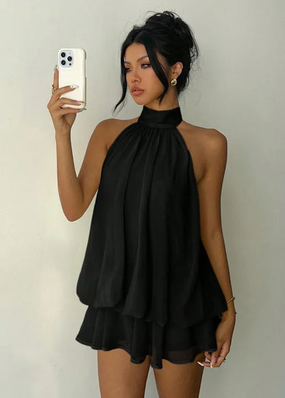 Women's Backless Halter Tie Waist Mini Dress in Polyester
