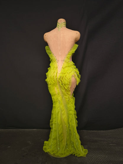 Elegant Green Rhinestones Mesh Maxi Dress