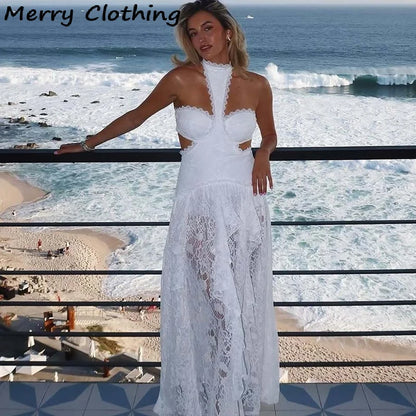 Sexy Lace Patchwork Halter Evening Gown for Women