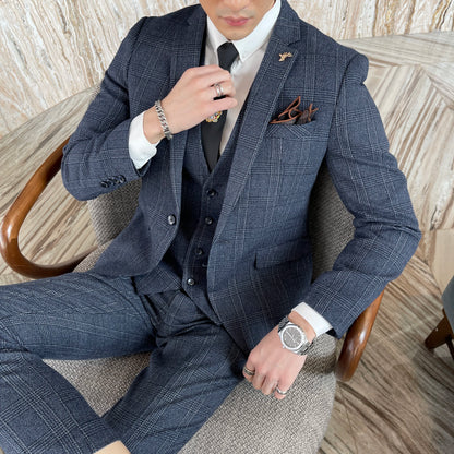 Modified Plaid Three-Piece Suit for Men