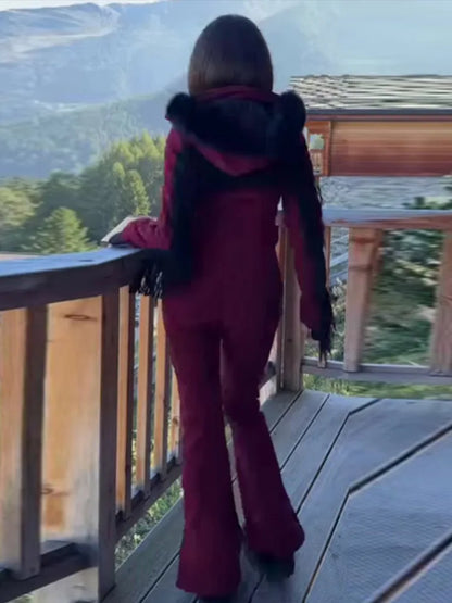 Women's Ski Suit with Fur Hood and Zippers