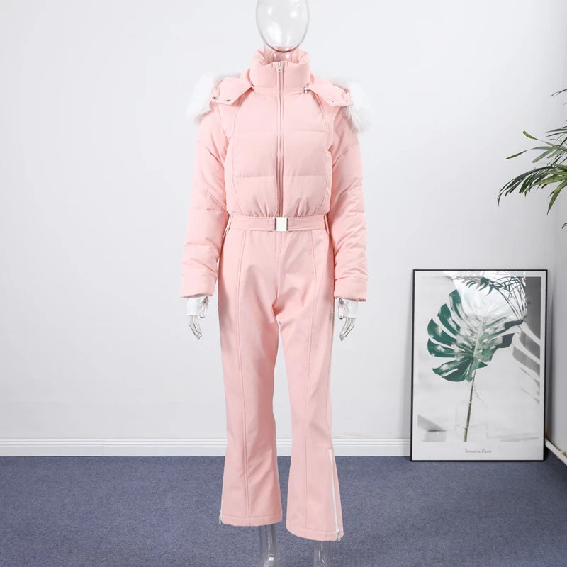 Hooded One-Piece Ski Jumpsuit for Women Windproof Outwear