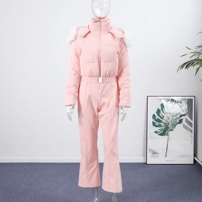 Hooded One-Piece Ski Jumpsuit for Women Windproof Outwear