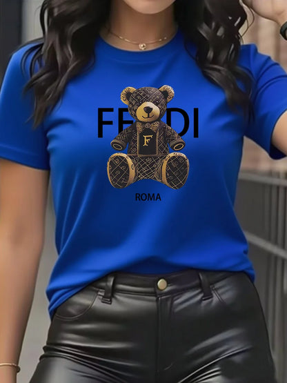 Light Blue Cotton Short Sleeve T-Shirt with Teddy Bear
