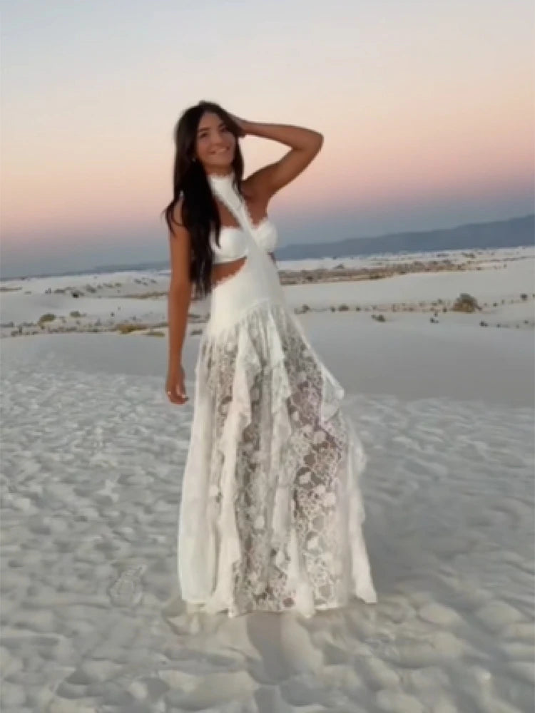 Sexy Lace Patchwork Halter Evening Gown for Women