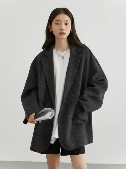 Women's Woolen Double Breasted Jacket Office Lady Outerwear
