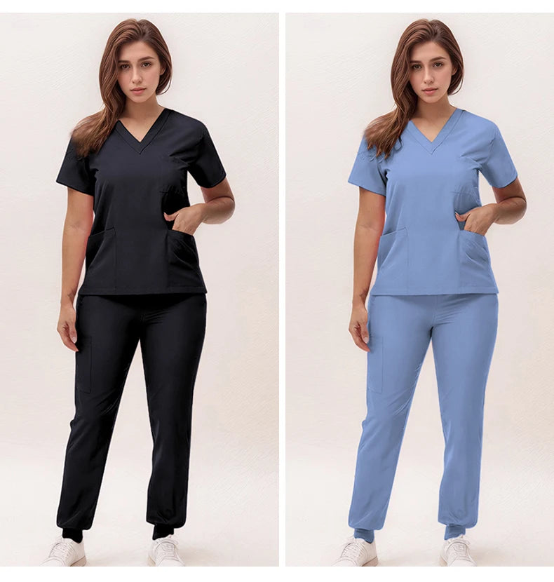 Stretchy V-Neck Nurse Scrub Set Jogger Pants