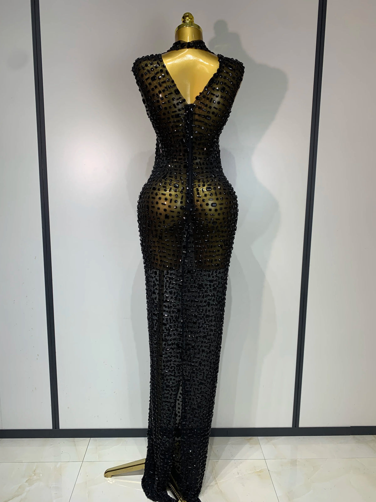 Gold Rhinestone Sleeveless Long Dress for Women