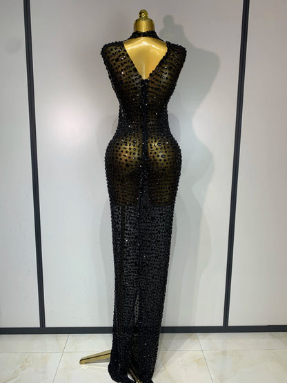 Gold Rhinestone Sleeveless Long Dress for Women