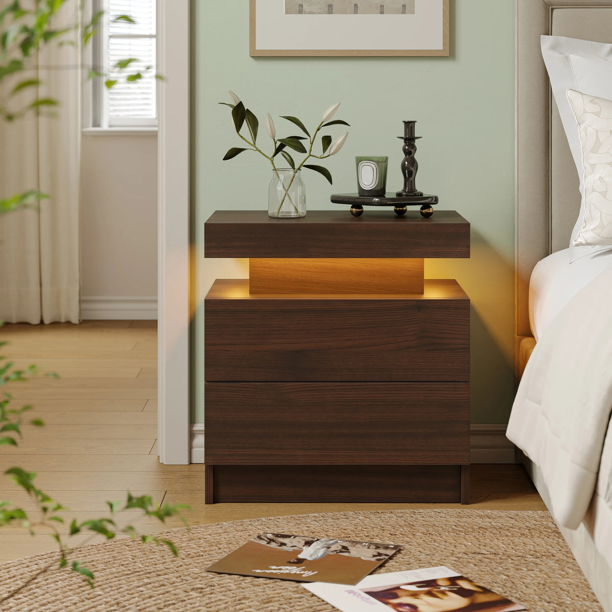 Cubehom White LED Nightstand with 2 Drawers