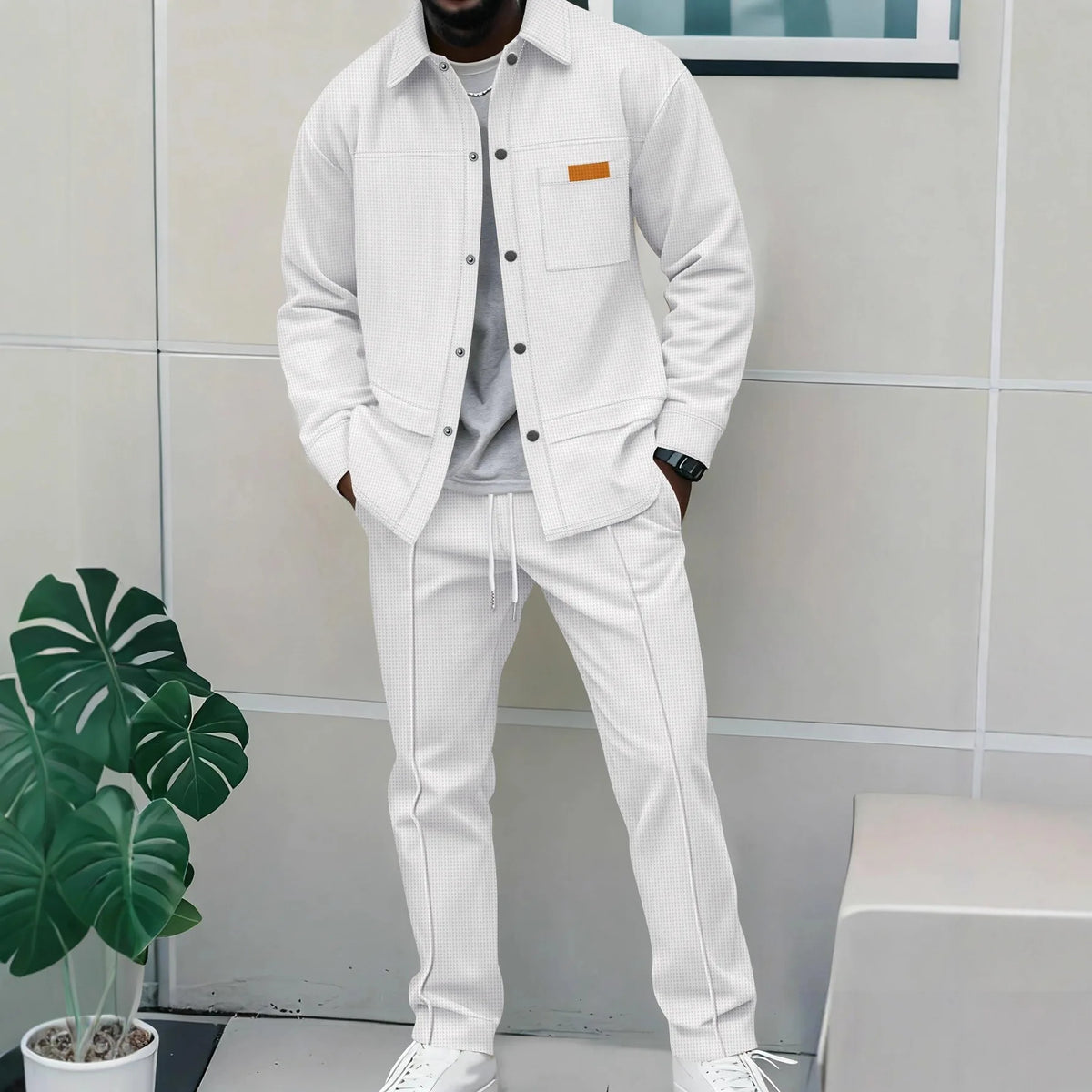 Men's Casual Waffle Pocket Jacket Set in Polyester
