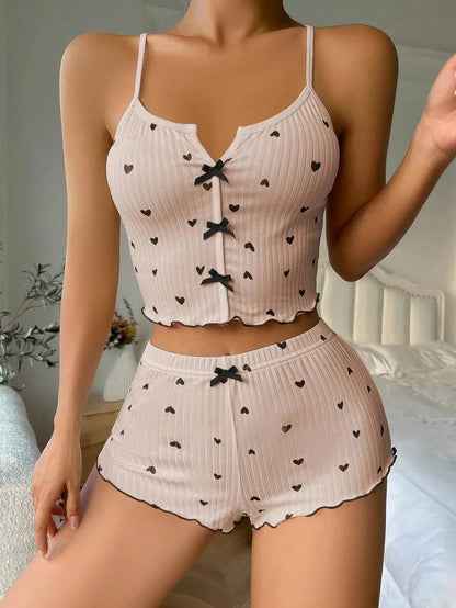 Heart Print Silk Satin Women Pajamas Set