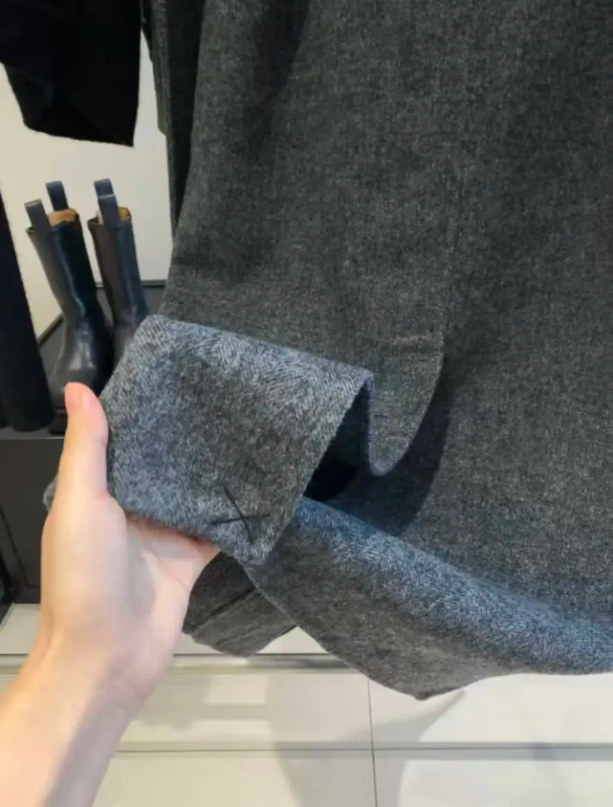 Grey Wool Blend Women's Long Coat with Belt