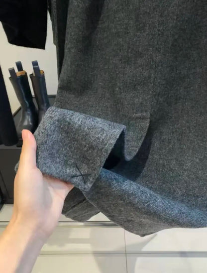 Grey Wool Blend Women's Long Coat with Belt