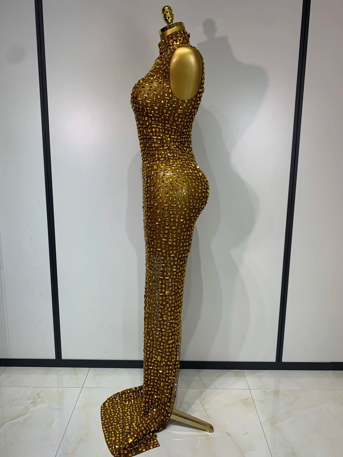 Gold Rhinestone Sleeveless Long Dress for Women