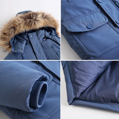 Children's Winter Down Jacket and Jumpsuit Set with Fur Collar