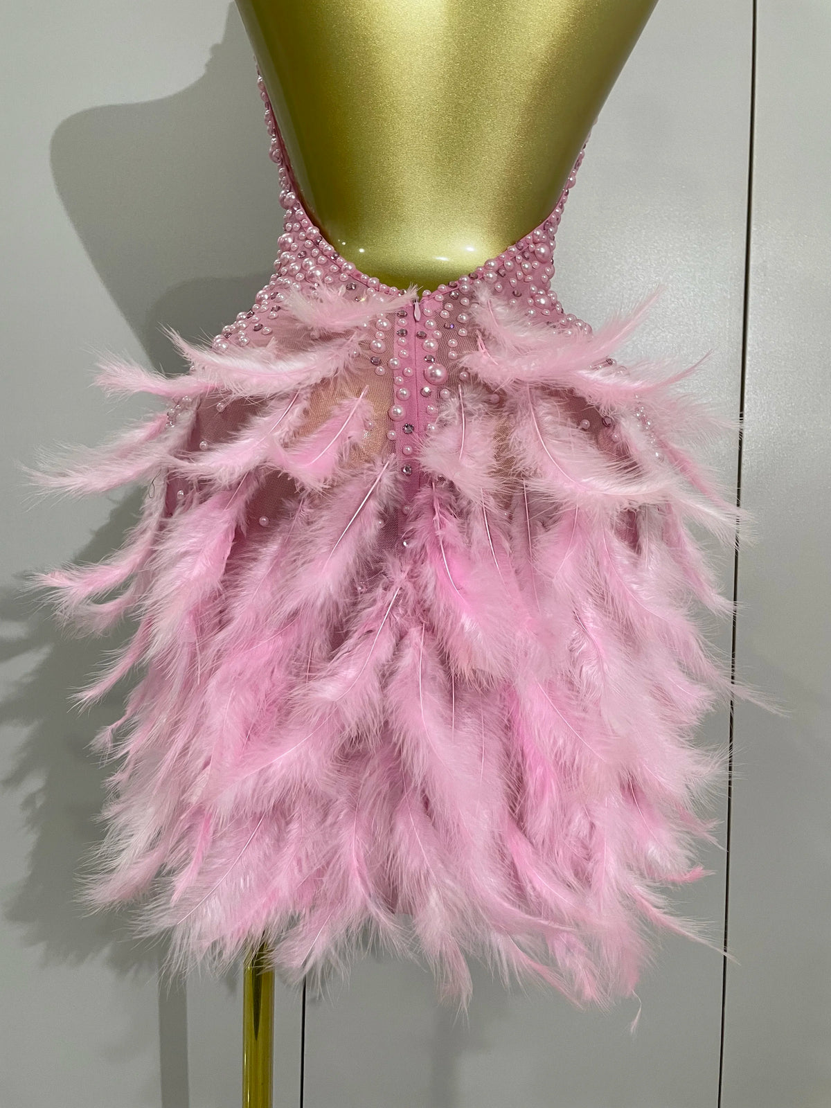 Luxury Rhinestones Pearls Feathers Halter Backless Dress