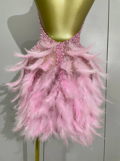 Luxury Rhinestones Pearls Feathers Halter Backless Dress