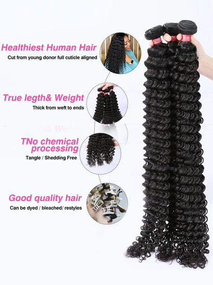 Deep Wave Curly Human Hair Bundles Natural Color 28 30 40 42 Inch