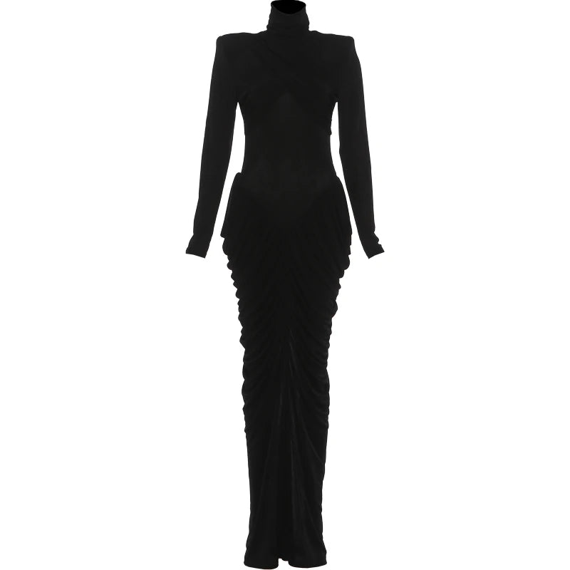 Maxi Dress Women Turtleneck Full Sleeve Backless