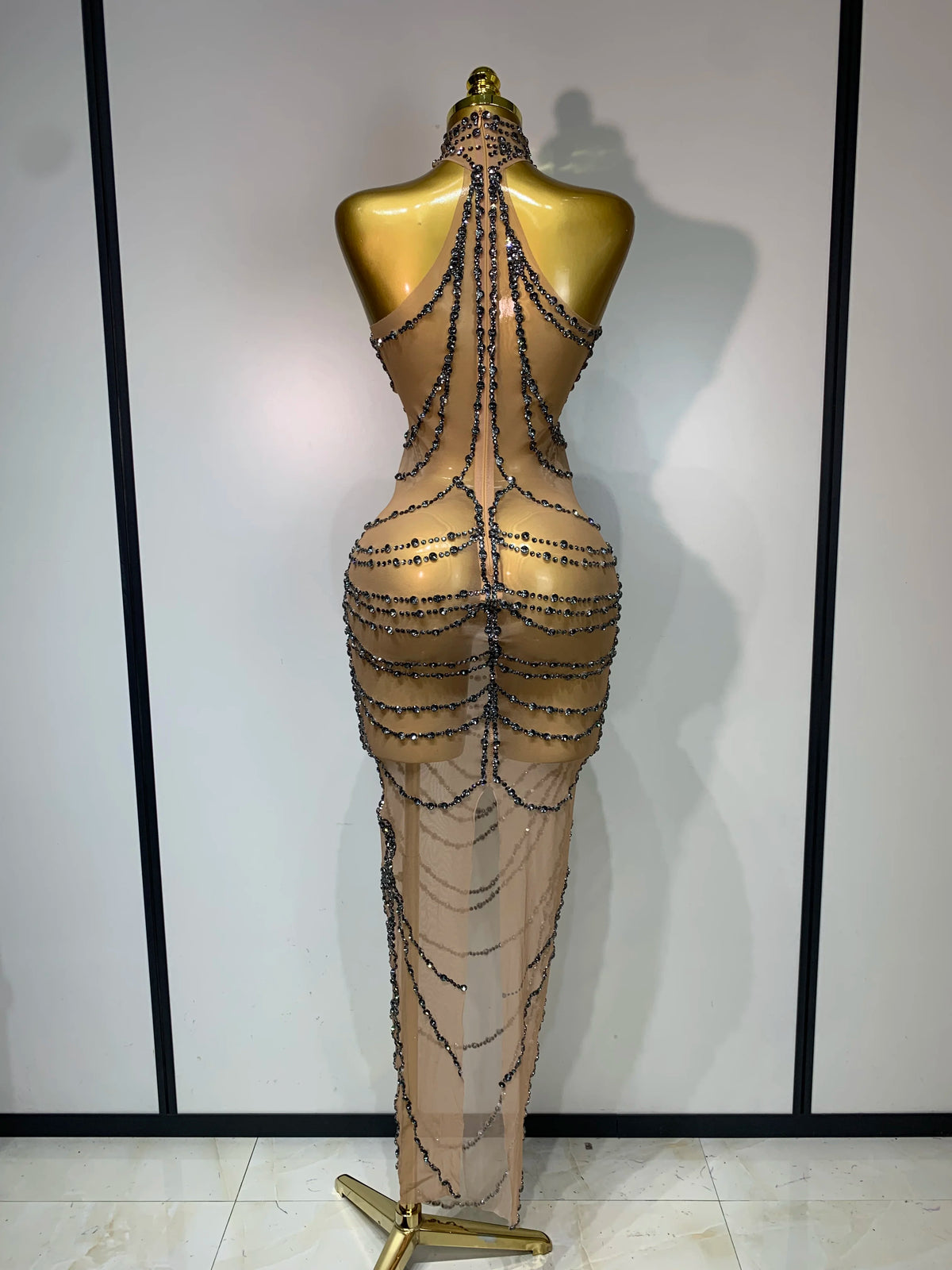 Sparkly Rhinestone Transparent Mesh Long Dress