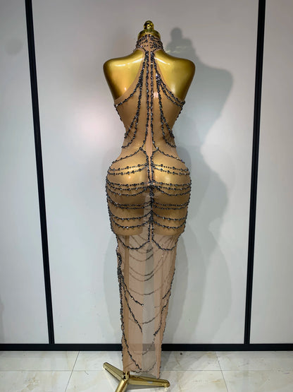 Sparkly Rhinestone Transparent Mesh Long Dress