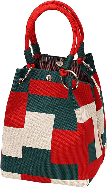 Mini Knitted Bucket Bag Women Colorblock Wristlet Purse