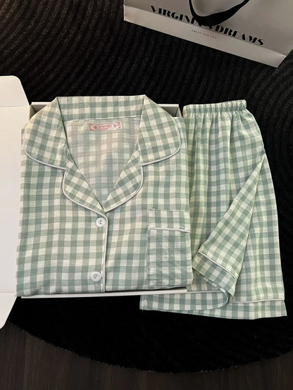 Japanese Minimalist Women's Pink Plaid Pajamas