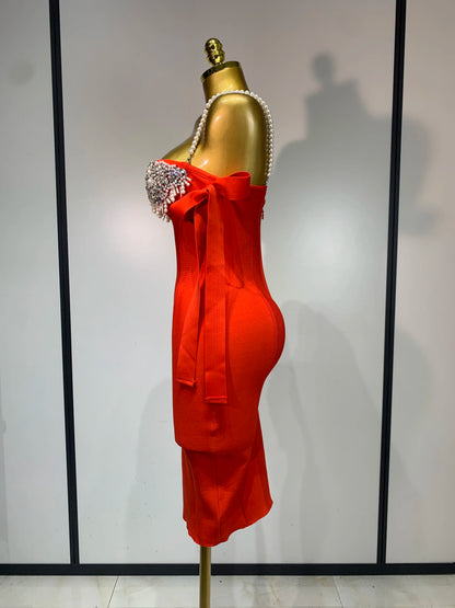 Women Backless Bodycon Bandage Dress with Pearls