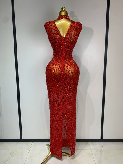 Gold Rhinestone Sleeveless Long Dress for Women