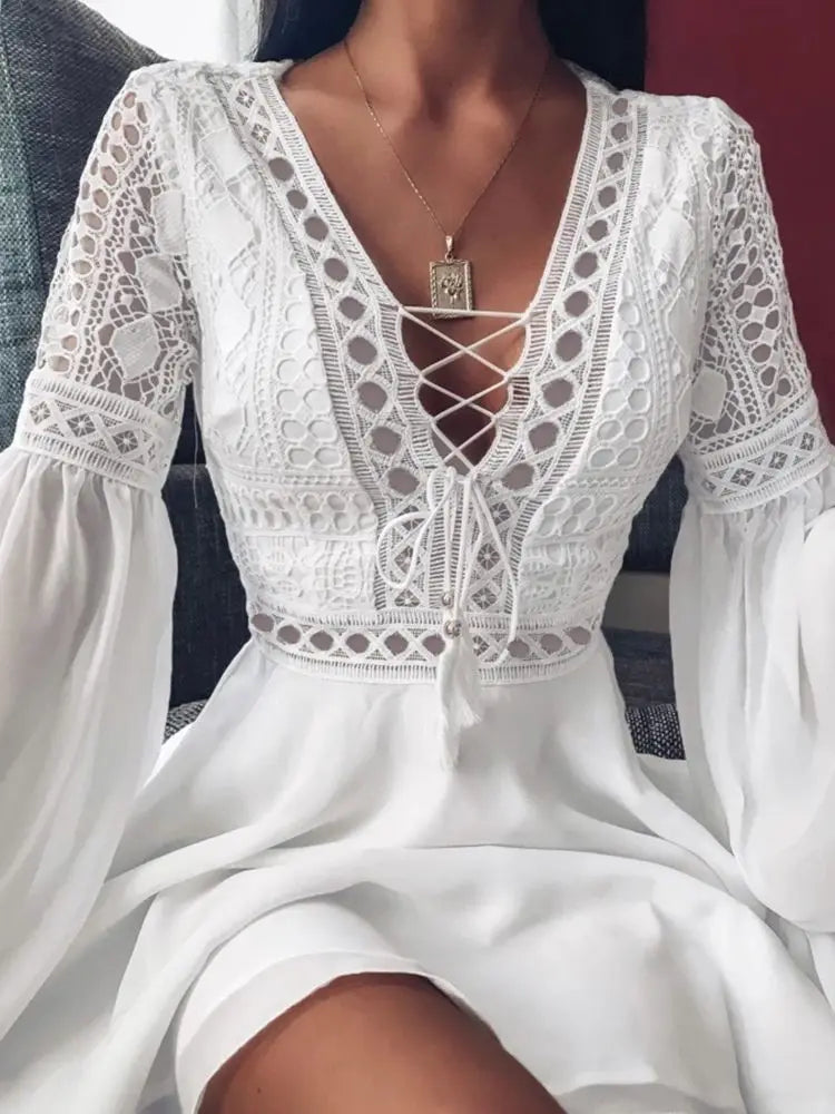 Women's Slim V Neck Chiffon Mini Dress with Ruffles