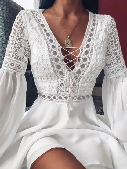 Women's Slim V Neck Chiffon Mini Dress with Ruffles