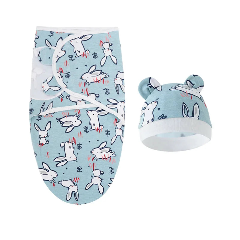 Cartoon Printed Cotton Baby Blanket Hat Set