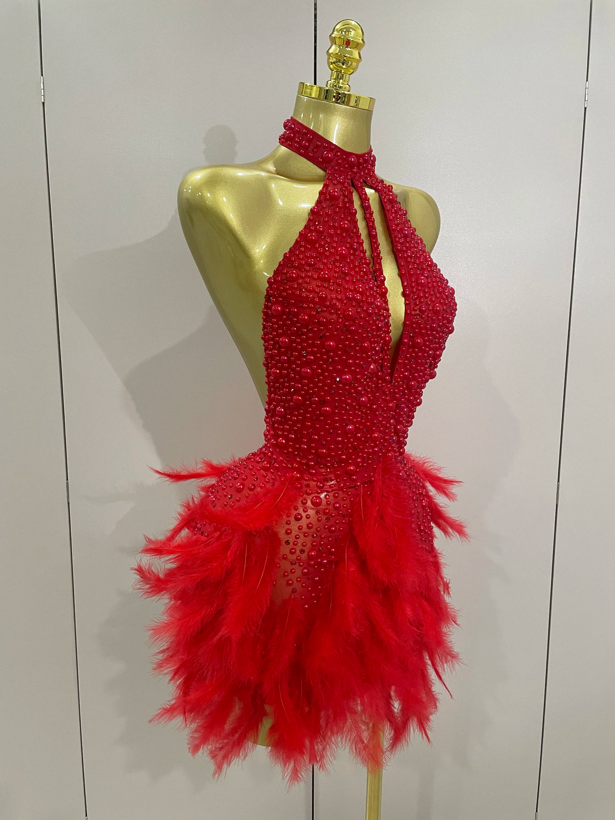 Luxury Rhinestones Pearls Feathers Halter Backless Dress