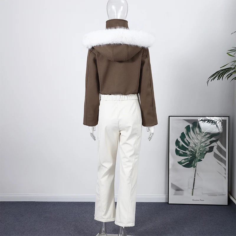 Casual Fur-Trimmed Hooded Ski Suit Women Warm Jumpsuit