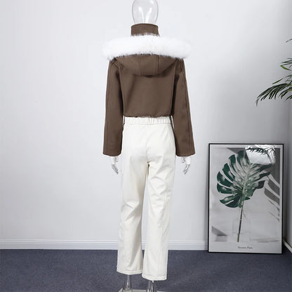 Casual Fur-Trimmed Hooded Ski Suit Women Warm Jumpsuit