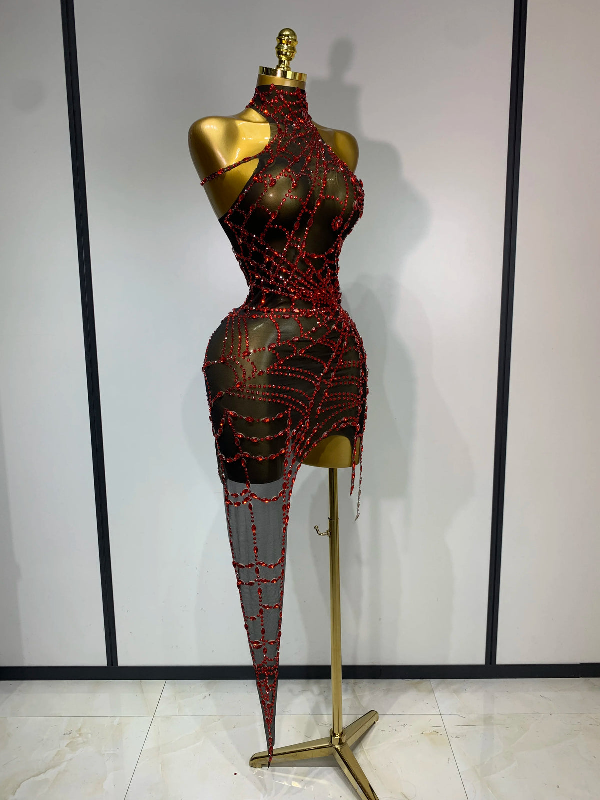 Black Mesh Crystal Diamond Bodycon Dress for Women