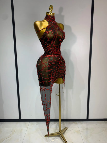 Black Mesh Crystal Diamond Bodycon Dress for Women
